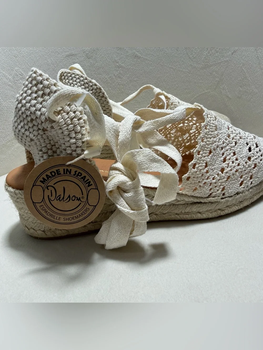 NWT Dalson Espadrille Crochet Lace Wedge Sandals Ankle Tie Ecru Size 9